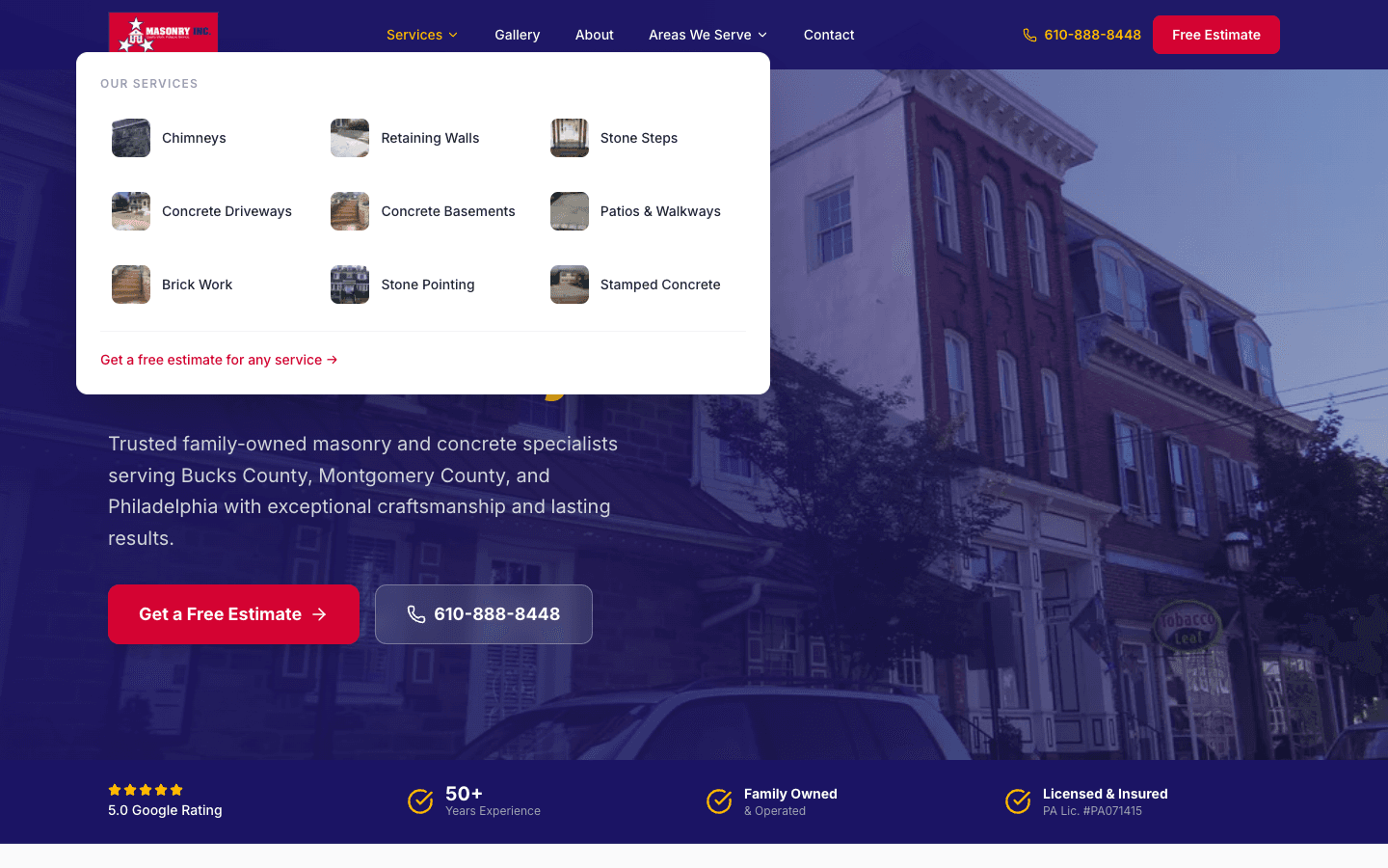 Services mega menu with thumbnails